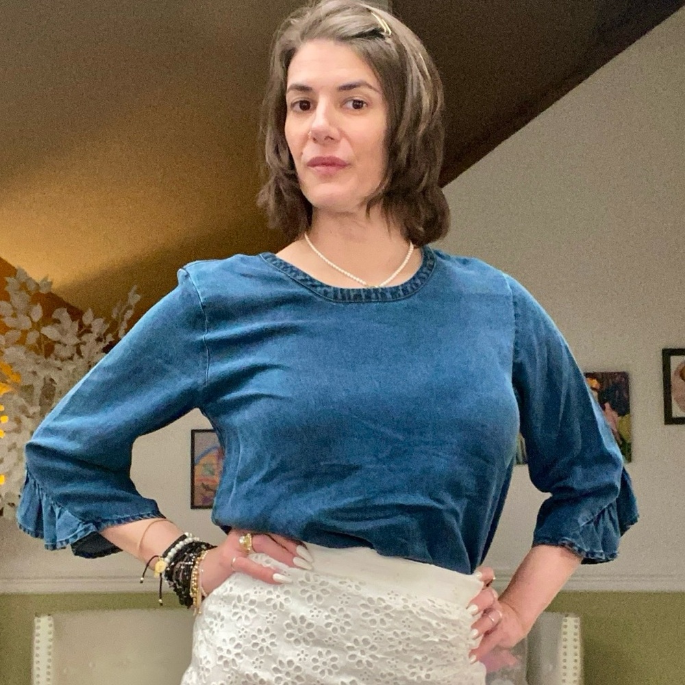 Soft Surroundings Indigo Denim Top with Ruffle Sleeves